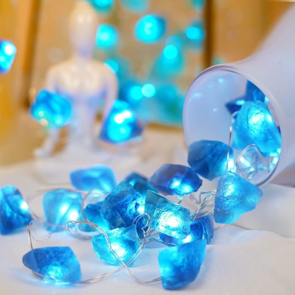 Natural Blue Fluorite String Lights Indoor 10ft 30 LEDs Fairy Lights Battery Powered with Remote Sea Glass Beach Themed Raw Stones Decorative Lights for Bedroom Mothers Day Valentines Day Decor