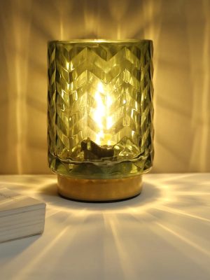 Battery Operated Table Lamp, Small Green Glass Lamp Bedside Decor Ambient, Cordless Table Lamp for Bookshelf Desk Living Room Entryway Dorm Wave Design-Green