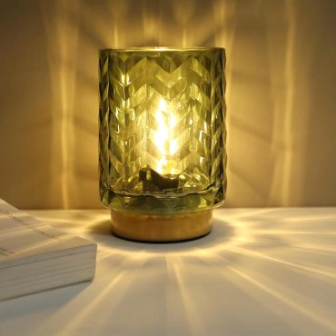 Battery Operated Table Lamp, Small Green Glass Lamp Bedside Decor Ambient, Cordless Table Lamp for Bookshelf Desk Living Room Entryway Dorm Wave Design-Green