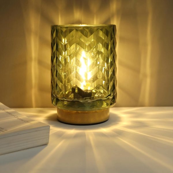Battery Operated Table Lamp, Small Green Glass Lamp Bedside Decor Ambient, Cordless Table Lamp for Bookshelf Desk Living Room Entryway Dorm Wave Design-Green