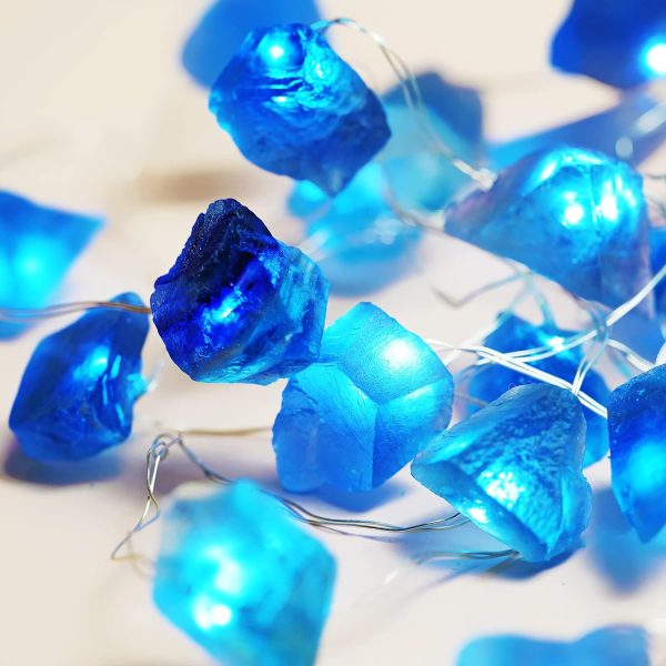 Natural Blue Fluorite String Lights Indoor 10ft 30 LEDs Fairy Lights Battery Powered with Remote Sea Glass Beach Themed Raw Stones Decorative Lights for Bedroom Mothers Day Valentines Day Decor
