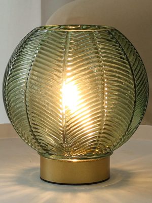 Battery Operated Lamp with Timer, Decorative Green Glass Table Lamp Cordless, Small Ambient Lamp for Bedside Bedroom Living Room Decor -Green