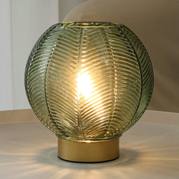 Battery Operated Lamp with Timer, Decorative Green Glass Table Lamp Cordless, Small Ambient Lamp for Bedside Bedroom Living Room Decor -Green