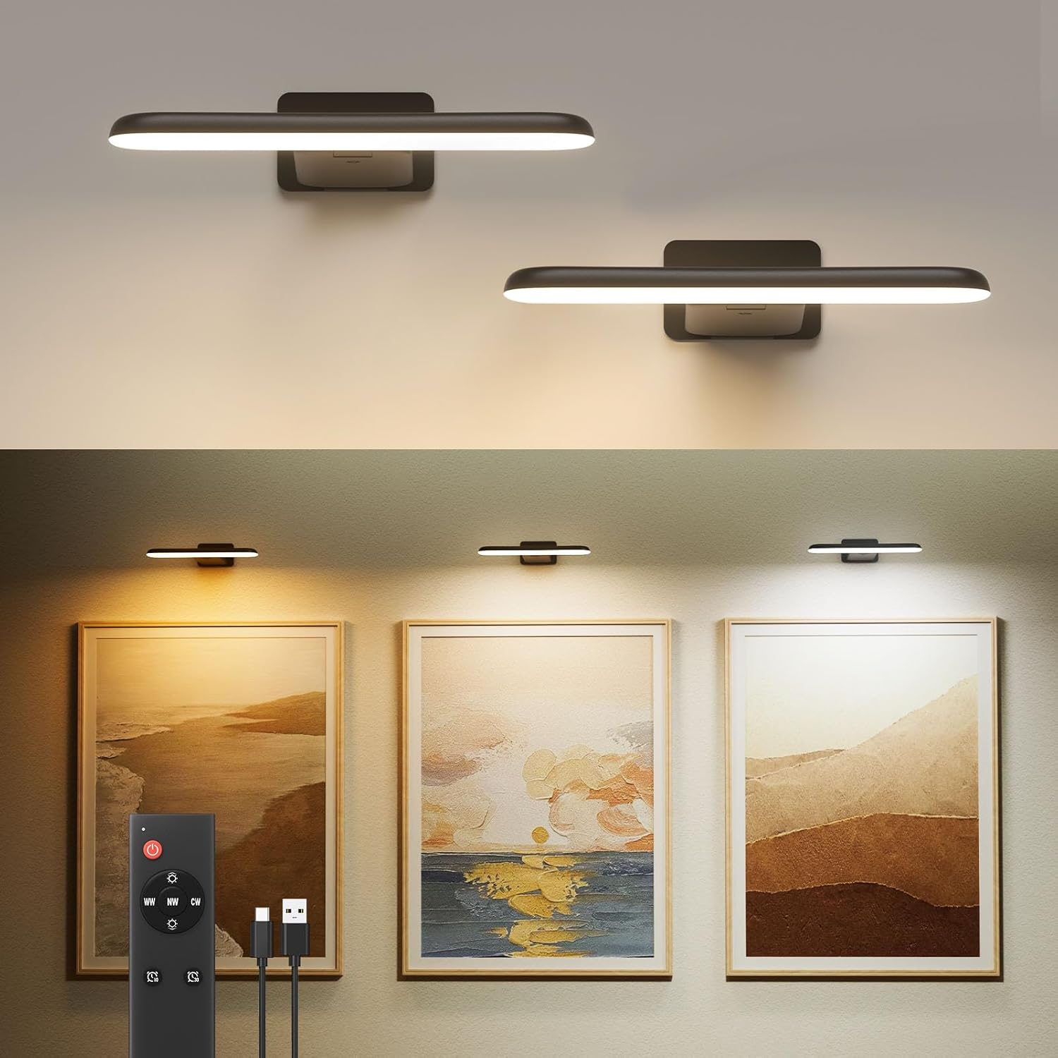2 Pack Picture Lights for Wall,Art Lights for Painting,Battery Operated Wall Sconce Rechargeable,LED Wall Light Cordless with Remote, Frame,Gallery,Dartboard Lights No-Drill,Black