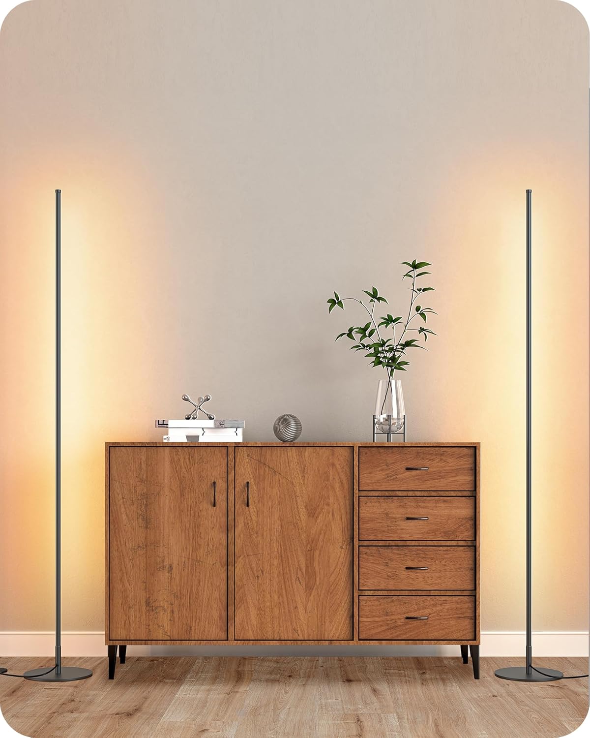 LED Corner Lamp, Set of 2 Minimalist Dimmable Tall Light with Remote, 57.5" Floor Lamps for Living Room, Bedroom, Home Office, 7 Color Temperature 2700-6000K (Black)