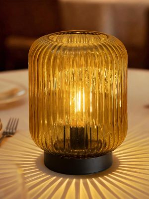 Battery Operated Lamp, Cordless Table Lamps for Home Decor, Battery Powered Nightlight with LED Bulb, Decorative Glass Beside Lamp for Bedroom Living Room-Gold