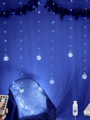 Wishing Ball Curtain Lights 200 LED Window Curtain String Lights with Remote, USB Battery Powered Twinkle  Fairy Lights for Wedding Party Bedroom Christmas Halloween Decoration (Blue)