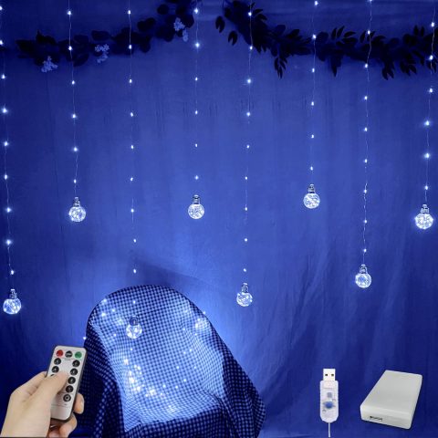 Wishing Ball Curtain Lights 200 LED Window Curtain String Lights with Remote, USB Battery Powered Twinkle Fairy Lights for Wedding Party Bedroom Christmas Halloween Decoration (Blue)