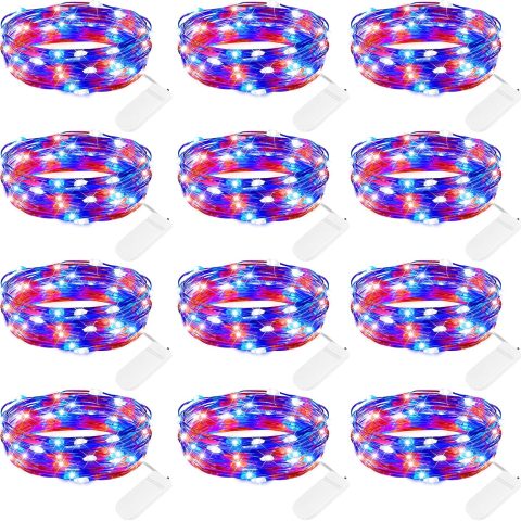 4th of July Decor Patriotic Fairy Lights, 7 FT. Silver Wire Red White Blue String Lights, Firefly Starry Moon Lights, Micro LED Mini Fairy Lights for Jars DIY Picture Wedding