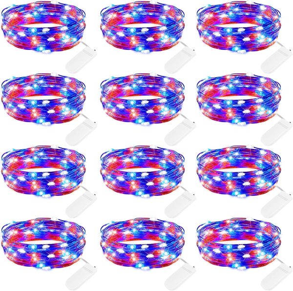 4th of July Decor Patriotic Fairy Lights, 7 FT. Silver Wire Red White Blue String Lights, Firefly Starry Moon Lights, Micro LED Mini Fairy Lights for Jars DIY Picture Wedding