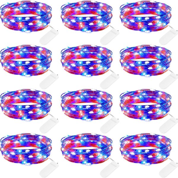 4th of July Decor Patriotic Fairy Lights, 7 FT. Silver Wire Red White Blue String Lights, Firefly Starry Moon Lights, Micro LED Mini Fairy Lights for Jars DIY Picture Wedding